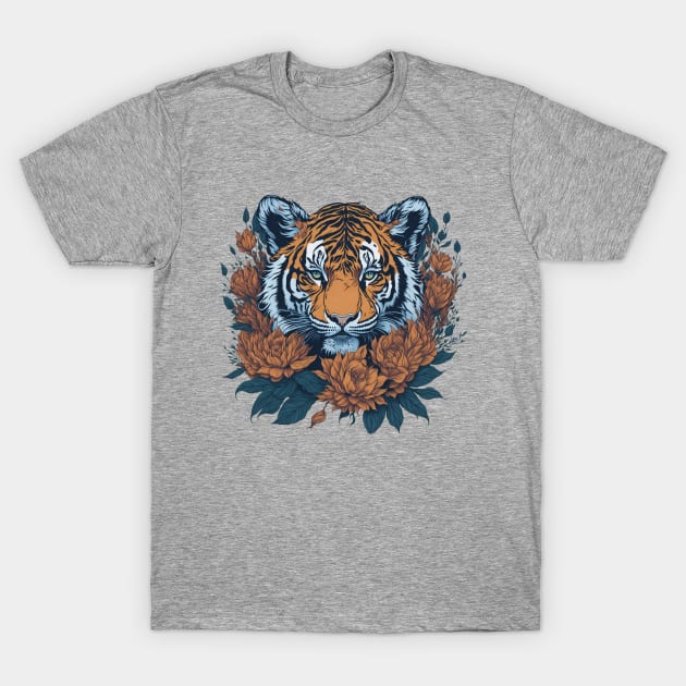 Tiger head with flowers and foliage t-shirt design, apparel, mugs, cases, wall art, stickers, water bottle T-Shirt T-Shirt T-Shirt by LyndaMacDesigns